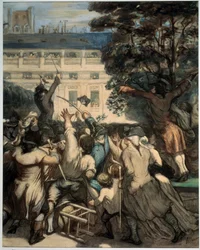 ""Camille Desmoulins (1760-1794) arenga a los patriotas en los jardines del Palacio Real"" Primera escena de la revolución francesa en París: el 12/07/1789, tras la destitución de Jacques Necker por el rey, Camille Desmoulins arenga la multitud en el Palac