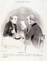Caricatura sobre la vida cara. Serie "Los Bellos Días de la Vida": Una cena escasa... Grabado de Honoré Daumier (1808-1879). Extracto del periódico "Le Charivari" del 18 de octubre