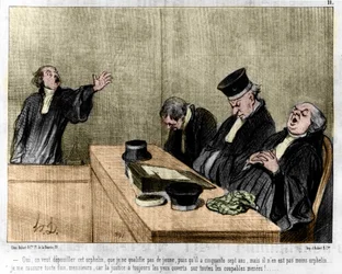 Caricatura de Daumier: Serie "Les Gens de justice" publicada en "Charivari" del 15/08/1845. Un abogado durmiendo mientras alega en la corte.