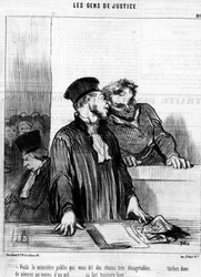 Aquí está el ministerio público que te dice cosas muy desagradables... así que intenta llorar al menos con un ojo... ¡siempre se siente bien!... , de la “Gente de Justicia”, serie de caricaturas sobre la Justicia de Honoré Daumier (1808-1879). “Charivari”