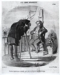 Los buenos burgueses - La posición más conveniente para tener un buen retrato en el daguerrotipo, caricatura de Daumier - en “Charivari” del 24/07/1847.