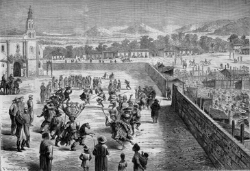 Costumbre mexicana: fiesta y danza india en Santa Anna (México) en memoria de la conquista de Fernando Cortez. Los mexicanos se disfrazaron de conquistadores españoles y soldados del ejército azteca de Moctezuma. 1863. Grabado en "Le Monde Illustré" n°315