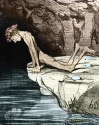 El bello Narciso. De Honore Daumier de Salvandy (1795-1856), que fue escritor, político e historiador, así como miembro de la Academia Francesa del siglo XIX (litografía)