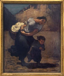 La tormenta (la lavanda). Una mujer sosteniendo una cesta corta con un niño, probablemente para protegerse de la lluvia. Obra de Honoré Daumier (1808-1879), óleo sobre cartón