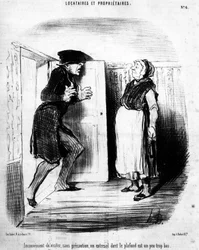 Inconveniente visitar, sin precaución, un entresuelo cuyo techo es un poco demasiado bajo, tomado de "Inquilinos y Propietarios", serie de caricaturas de Honoré Daumier (1808-1879). "Charivari"