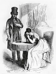 Mujer desesperada bajo la mirada de un hombre, ilustración de Ferragus de Honore de Balzac (1799-1850), edición francesa.