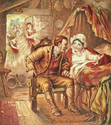 El Nacimiento de Pulgarcito, ilustración de Our Nurses Picture Book, grabado por Kronheim & Co., 1869
