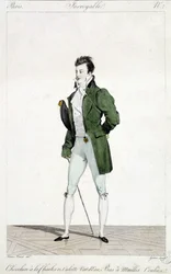 París asombroso. Hombre con el cabello de Carlos XII, usando calzones verde agua y medias de malla. Ilustración de la moda masculina realizada alrededor de 1810 por Horace Vernet (1789 - 1863).