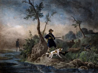 Caza de patos en la marisma, grabado basado en un cuadro de Horace Vernet (1789-1863)