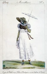 Grabado de moda por Horace Vernet (1789 - 1863), realizado alrededor de 1810 para “A Wonderful”, que representa a una mujer con un dosel ecru, un bordado sangriento, tartán y un paraguas