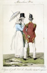 Grabado de moda por Horace Vernet (1789 - 1863) realizado alrededor de 1810 para el número 25 de un "Maravilloso", representando la moda femenina (sombrero de paja y vestido de gasa) y masculina.