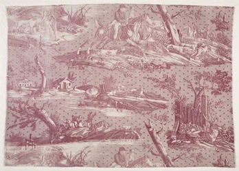 Fragmento de algodón estampado al cobre con escena de caza
