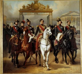 El Rey Luis Felipe I rodeado de sus cinco hijos saliendo por la reja de honor del castillo de Versalles después de pasar revista militar en los patios 10/06/1837. Pintura de Horace Vernet (1789-1863) 1846