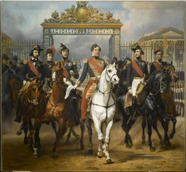El rey Luis Felipe rodeado de sus cinco hijos saliendo por las puertas principales del castillo de Versalles tras una revista militar en los patios, 10 de junio de 1837.
