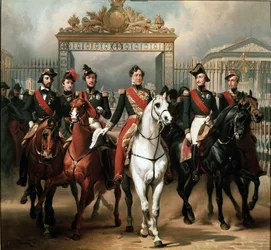 El rey Luis Felipe rodeado de sus cinco hijos saliendo por la reja de honor del castillo de Versalles después de haber pasado una revista militar en los patios