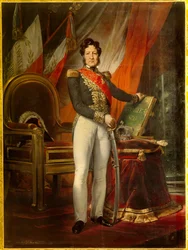 Retrato de cuerpo entero de Luis Felipe I (1773-1850), Rey de los Franceses sosteniendo la carta de 1830. Las banderas tricolores detrás del rey llevan el lema Libertad Igualdad Fraternidad. Pintura de Emile Jean Horace Vernet (1789-1863)
