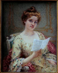 La carta de Manon Miniatura sobre marfil de Hortense Richard (1860-después de 1939) Siglo XIX Sol. 0,13x0,1 m