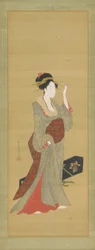 Una geisha a punto de ajustar una horquilla de concha de tortuga, finales del siglo XVIII