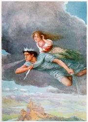 Mil millas por hora", de Italian Fairy Tales, de Lilia E. Romano, publicado por Raphael Tuck & Sons (litografía en color)