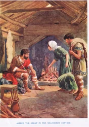 Alfredo el Grande en la cabaña de Neat-Herd, ilustración de "Madame Tussauds" (litografía en color)