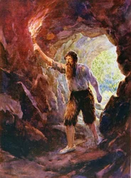 La aventura de Crusoe en la cueva, ilustración para "Robinson Crusoe" de Daniel Defoe (1660-1731) (litografía en color)