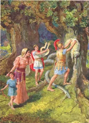 Jasón arrancó el vellocino del tronco del árbol", ilustración de "Cómo los argonautas navegaron hasta Colchis", de Los héroes de los cuentos griegos, de Charles Kingsley (1819-75) (litografía en color)