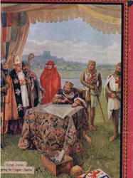 El rey Juan firmando la Carta Magna, ilustración de "Madame Tussauds" (litografía en color)