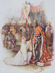 La reina Philippa abogando por los ciudadanos de Calais, ilustración de "Stories of Royal Children from English History", de Doris Ashley, publicada por Raphael Tuck