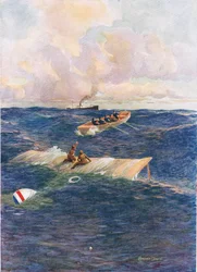 El bote salvavidas del "Mary of Denmark" rescatando a Hawker y Grieve", ilustración de "Brave Deeds by Brave Men", de C. Sheridan Jones, pub. 1922 (litografía)