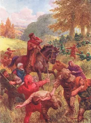El rescate de Sir Richard of the Lea, ilustración de "Robin Hood and his Life in the Merry Greenwood", contada por Rose Yeatman Woolf, publicada por Raphael Tuck