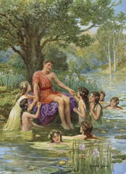 Las ninfas del agua vinieron a verlo y lo amaron. De Cómo los argonautas navegaron a Cólquida (litografía en color)