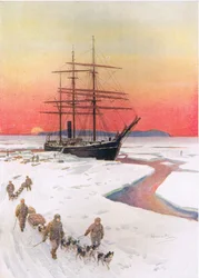 Descarga del Terra Nova en McMurdo Sound", ilustración de "Brave Deeds by Brave Men" de C. Sheridan Jones, pub. 1922 (litografía)