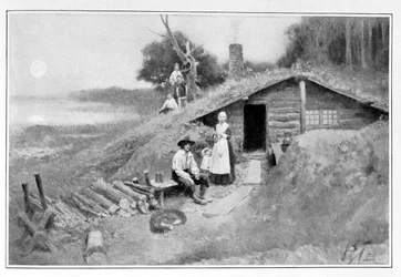 Una vivienda troglodítica de Pensilvania, ilustración de «Colonies and Nation» de Woodrow Wilson, publicada en Harper