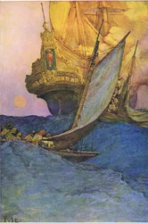 Un ataque a un galeón, de El Libro de Piratas de Howard Pyle publicado por Harper & Bros, 1921