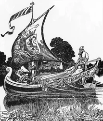 Leyenda Artúrica: La barcaza de los muertos trae el cuerpo del rey Arturo Ilustración de Howard Pyle (1853-1911) de "La historia de Sir Launcelot y sus compañeros" 1907 Colección privada
