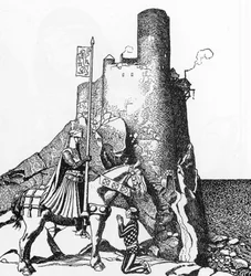 Leyenda Artúrica: Tristan arriving at the Castle of Nabon (Sir Tristam llegando al castillo de Sir Nabon) Ilustración de Howard Pyle (1853-1911) de "The Story of the champions of the round table" 1905 Colección privada