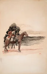 Bandidos a caballo (acuarela sobre tabla)