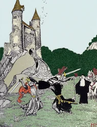 Batalla entre el Rey Arturo y el caballero negro en presencia de Merlín el encantador. Ilustración de Howard Pyle