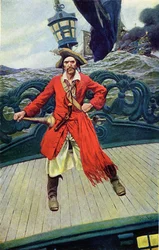 Capitán Keith en la cubierta de su barco. Ilustración del Libro de piratas, bucaneros y cimarrones del Mar Caribe por Howard Pyle (1853-1911), ilustrador estadounidense