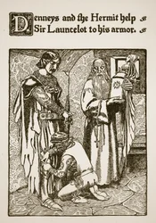Denneys y el Ermitaño ayudan a Sir Launcelot a ponerse su armadura, ilustración de 