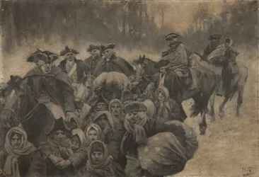 Cinco soldados de capa roja a caballo, con otro embozado hasta los ojos... agrupados en torno a ellos, una variopinta veintena de pobres, jóvenes y viejos...