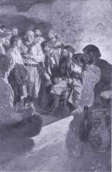 Llevó a Jack hasta el hombre que estaba sentado en el barril, de El Libro de Piratas de Howard Pyle publicado por Harper & Bros, 1921