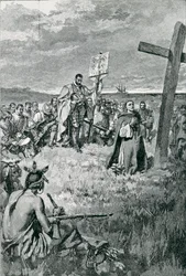 Jacques Cartier (1491-1557) levantando una cruz en Gaspé, ilustración de 