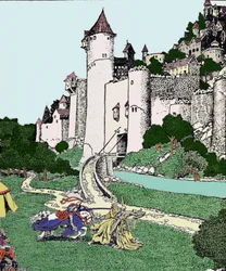 El rey Arturo y el Caballero Negro luchan en el patio de Camelot. Ilustración de Howard Pyle (1853-1911), ilustrador estadounidense.