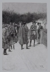 Paul Revere trayendo noticias a Sullivan, grabado por F.H. Wellington, ilustración de 