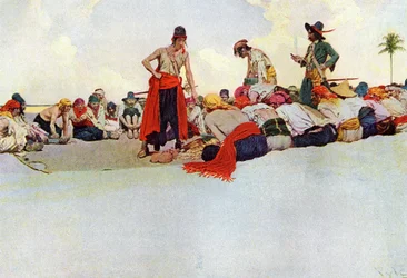 Reparto del tesoro entre los piratas reunidos en un círculo. Ilustración de “Libro de piratas Bucaneros y Cimarrones del Mar Caribe” de Howard Pyle (1853-1911), ilustrador estadounidense