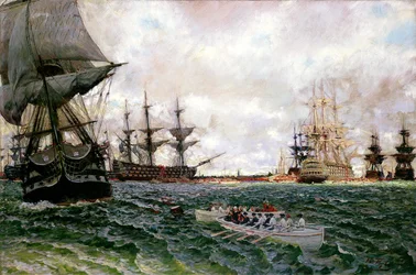 La evacuación de Charleston, de "La historia de la Revolución" de Henry Cabot Lodge (1850-1924), publicada en Scribner