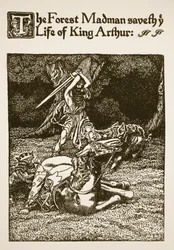 El loco del bosque salva la vida del rey Arturo, ilustración de "La historia de Sir Launcelot y sus compañeros".