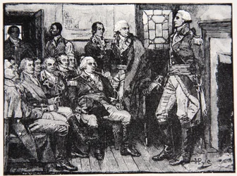 Washington y sus Generales en Consulta, 15 de Marzo de 1783, ilustración de Harper