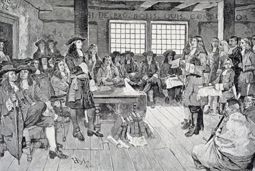 William Penn en conferencia con los colonos, ilustración de 